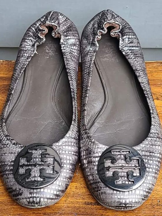 Tory Burch Reva Black Silver Snake Print Leather Ballet Flats size 8M main image 5